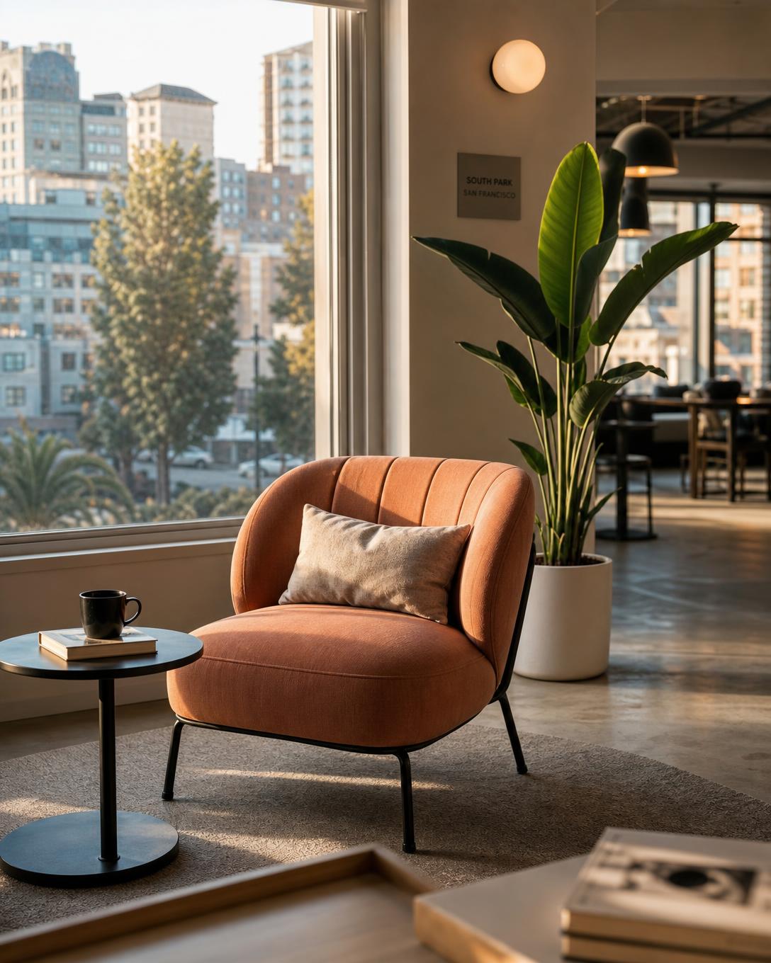 A quiet San Francisco lounge at golden hour, overlooking the city